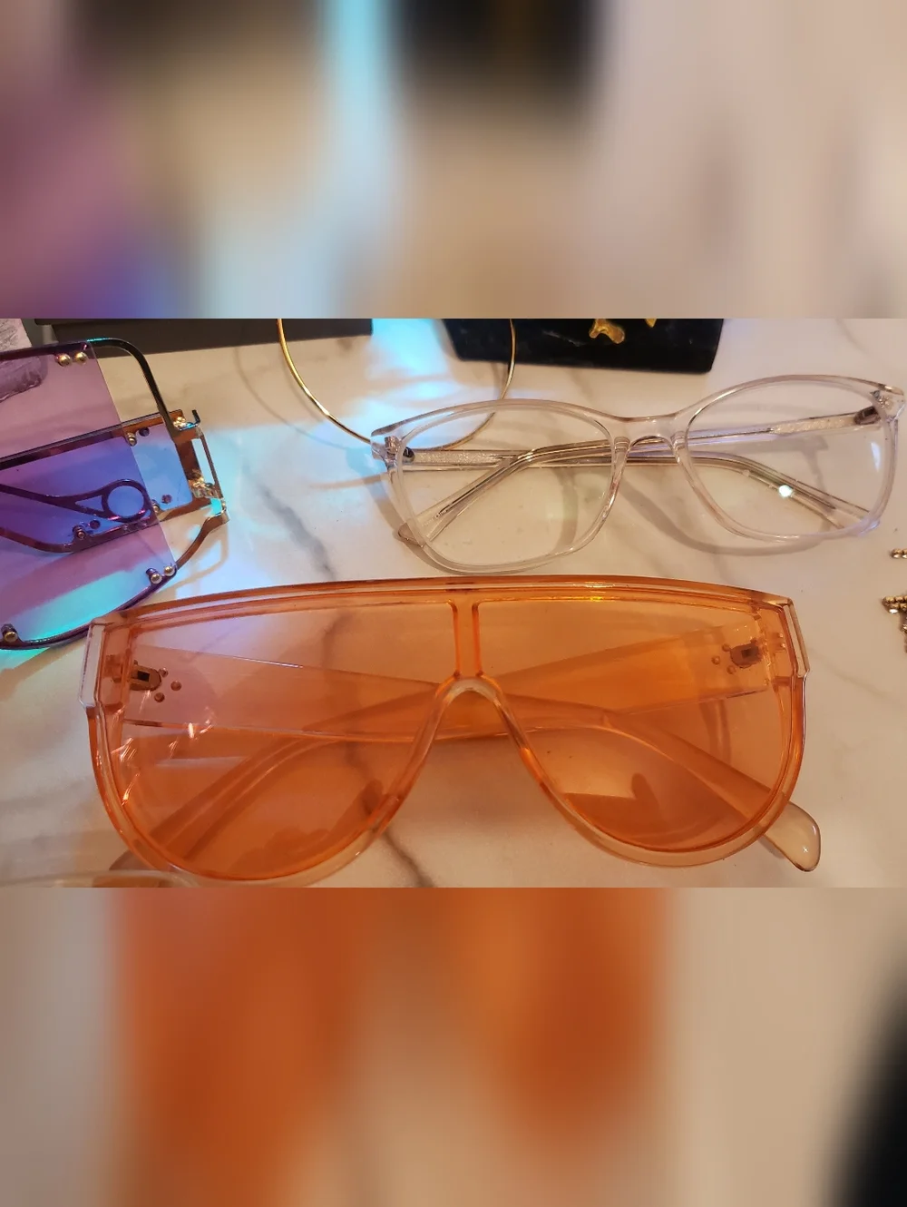 Bundle Of 4- Stylish Oversized Sunglasses - Purple, Orange, Clear, Yellow Lenses - Picture 5 of 6